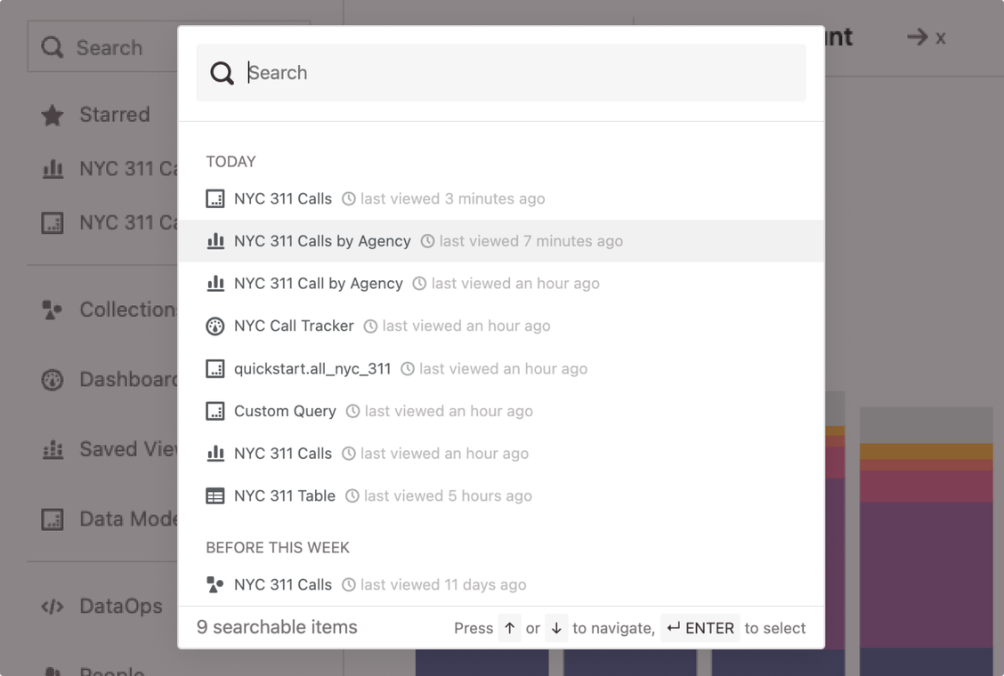 New Glean search bar with most recent items surfaced even before searching