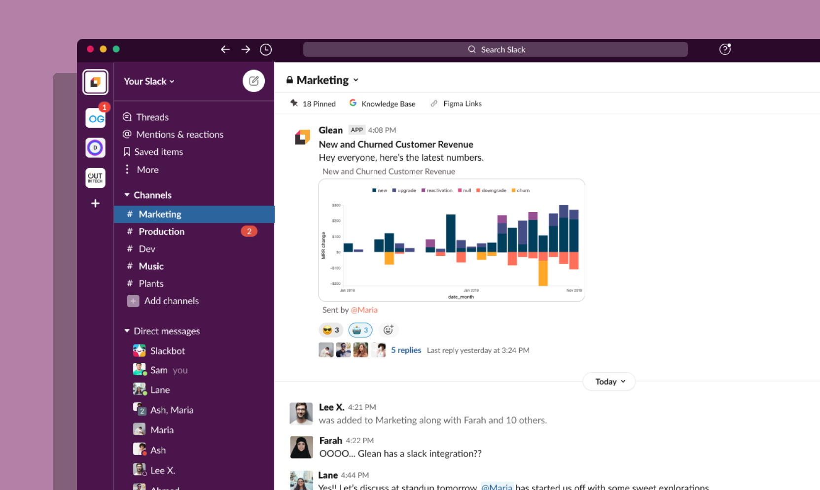 Screenshot of a Slack conversation and a Glean chart that has been shared with the Slack integration